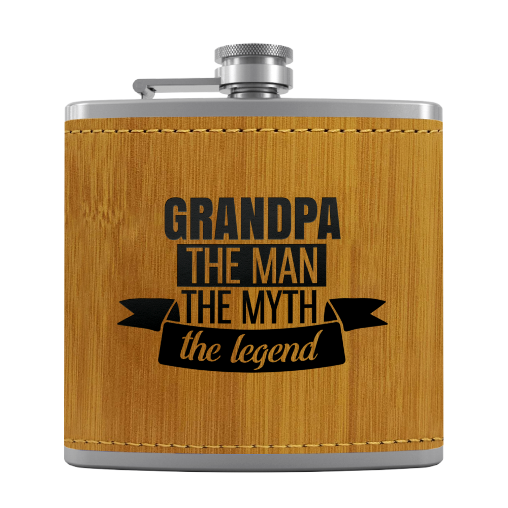 Grandpa The Man 6 oz Stainless Steel Leather Hip Flask