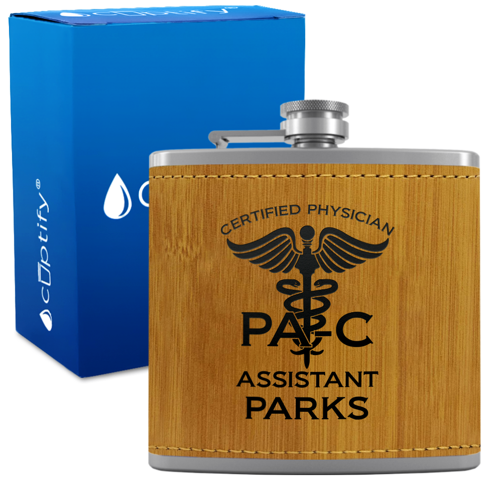 Personalized PA-C Certified Physician Assistant 6oz Stainless Steel Leather Hip Flask