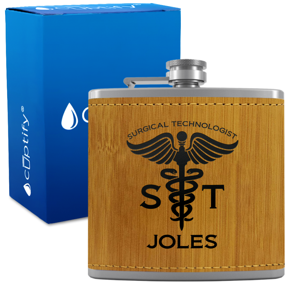 Personalized ST Surgical Technologist 6oz Stainless Steel Leather Hip Flask