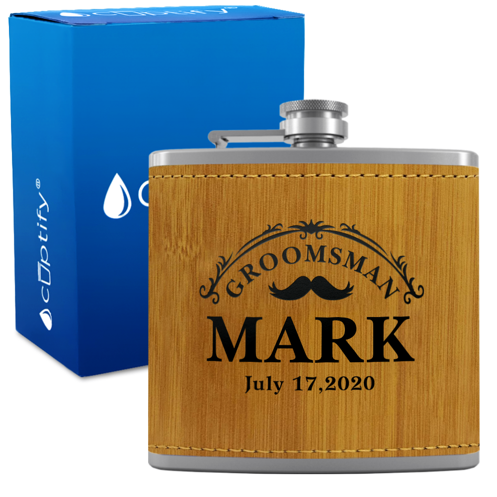 Personalized Classic Groomsman Mustache 6 oz Stainless Steel Leather Hip Flask