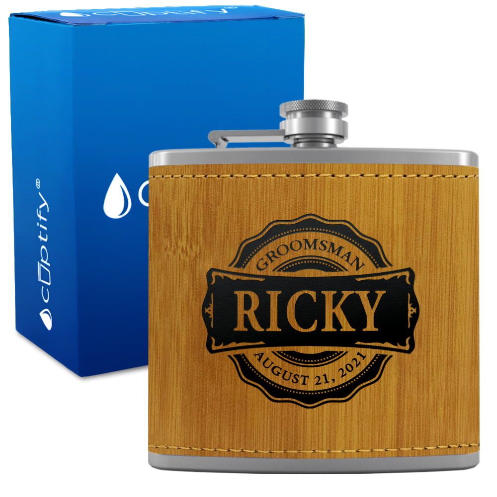 Personalized Groomsman Circle 6 oz Stainless Steel Leather Hip Flask