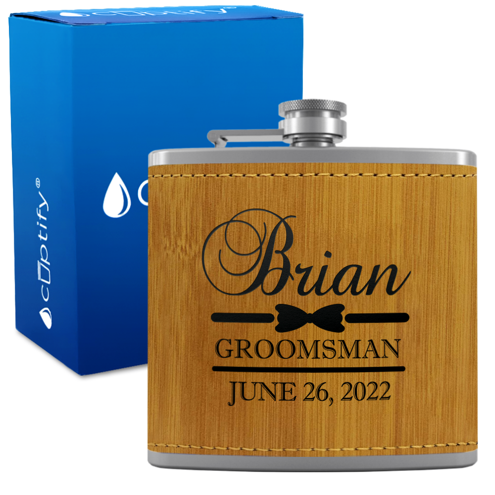 Personalized Groomsman Classy Bow Tie 6 oz Stainless Steel Leather Hip Flask