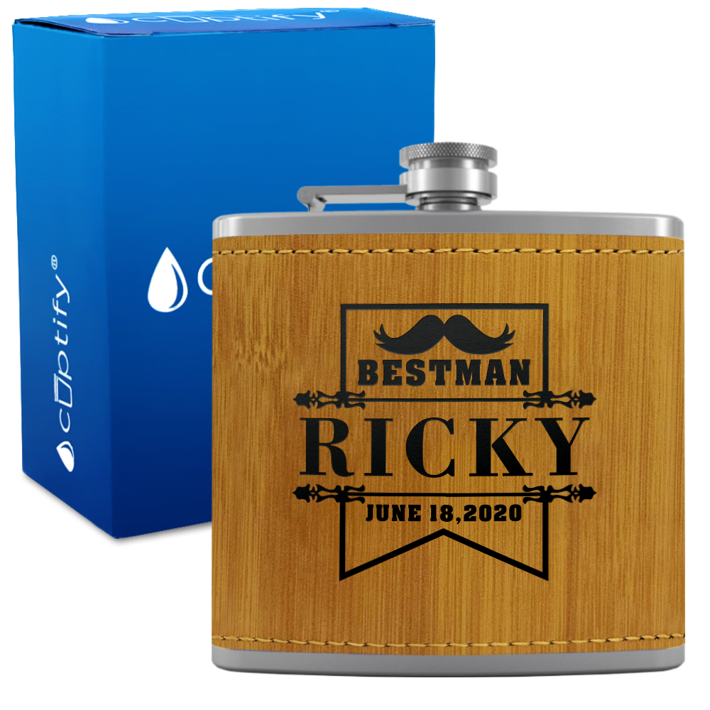 Personalized Groomsman Banner 6 oz Stainless Steel Leather Hip Flask