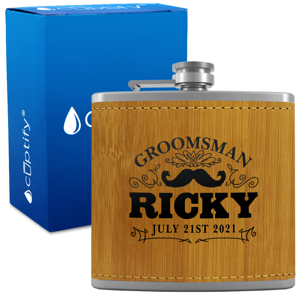 Personalized Groomsman Mustache 6 oz Stainless Steel Leather Hip Flask