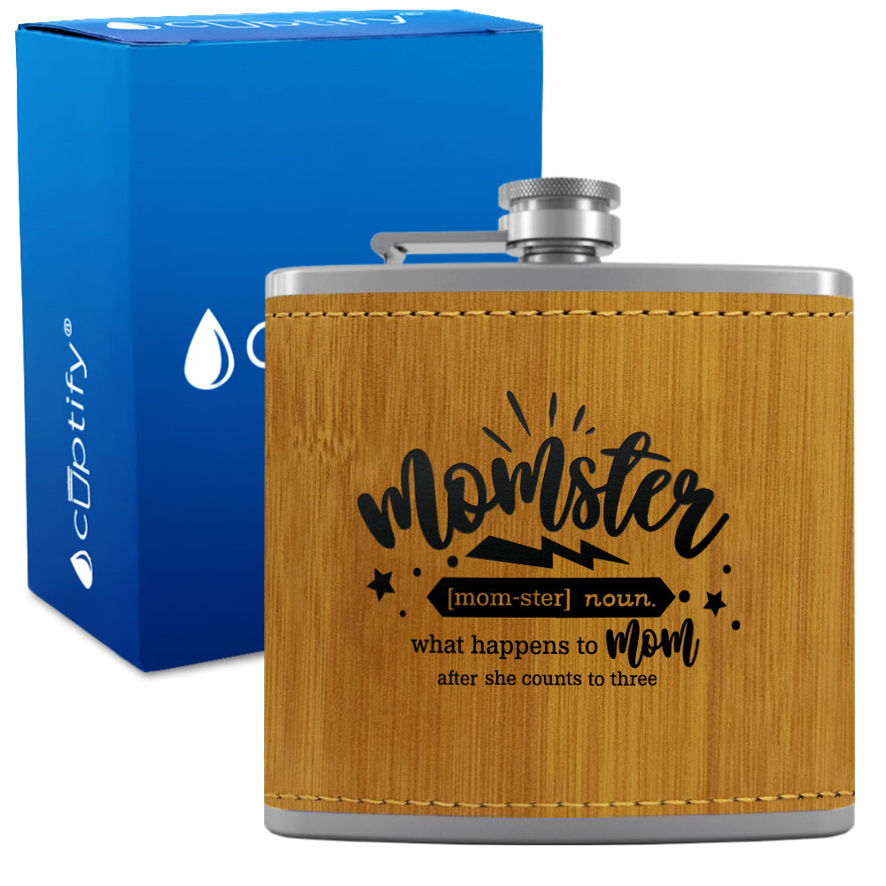 Momster 6 oz Stainless Steel Leather Hip Flask
