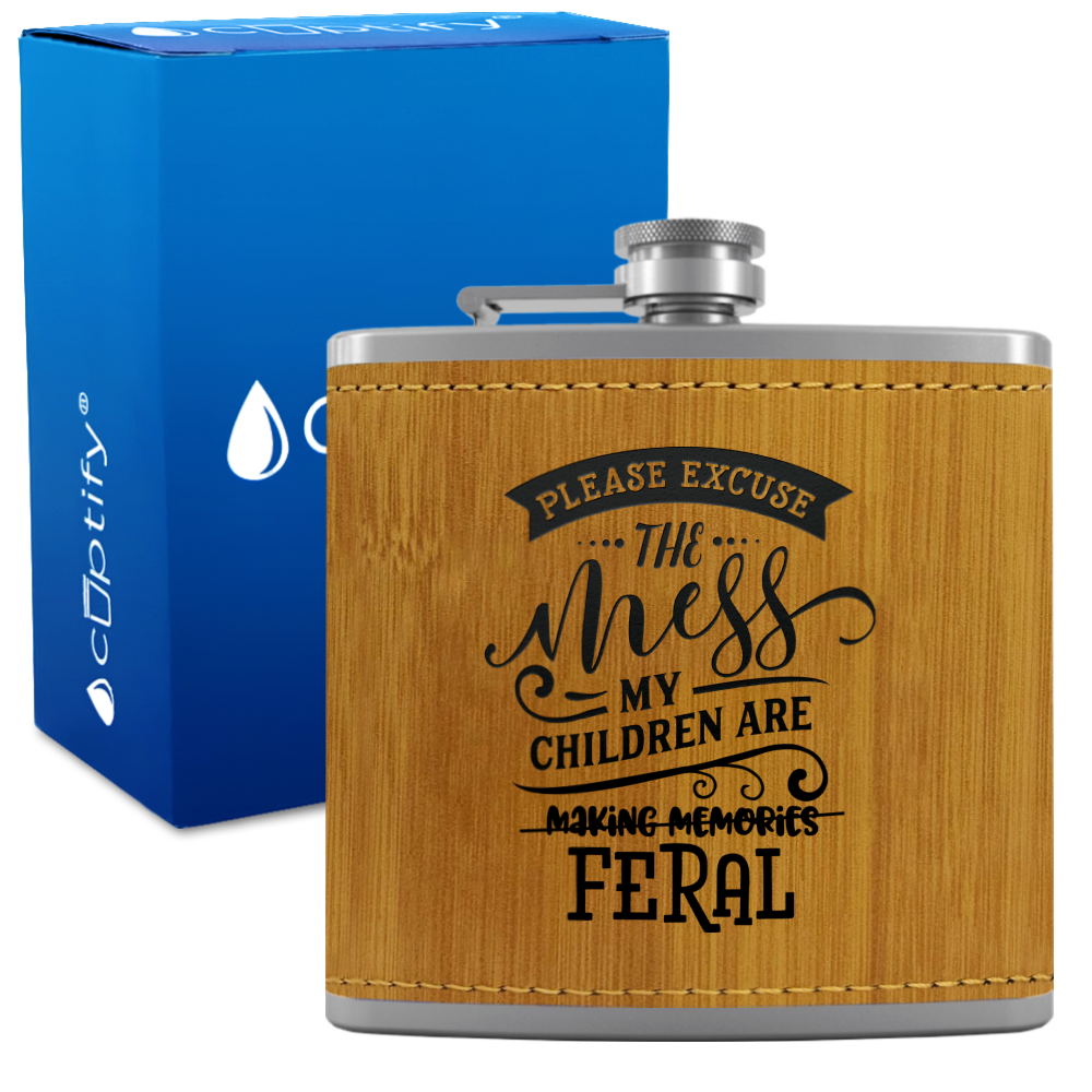 Please Excuse The Mess 6 oz Stainless Steel Leather Hip Flask