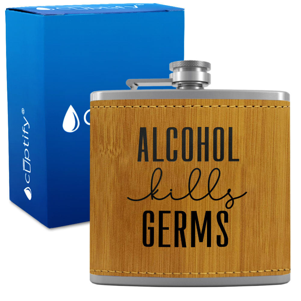 Alcohol Kills Germs 6 oz Stainless Steel Leather Hip Flask