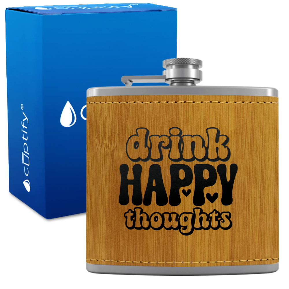 Drink Happy Thoughts Hearts 6 oz Stainless Steel Leather Hip Flask