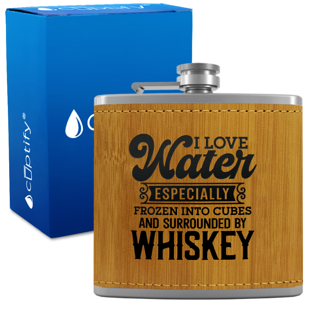 I Love Water 6 oz Stainless Steel Leather Hip Flask