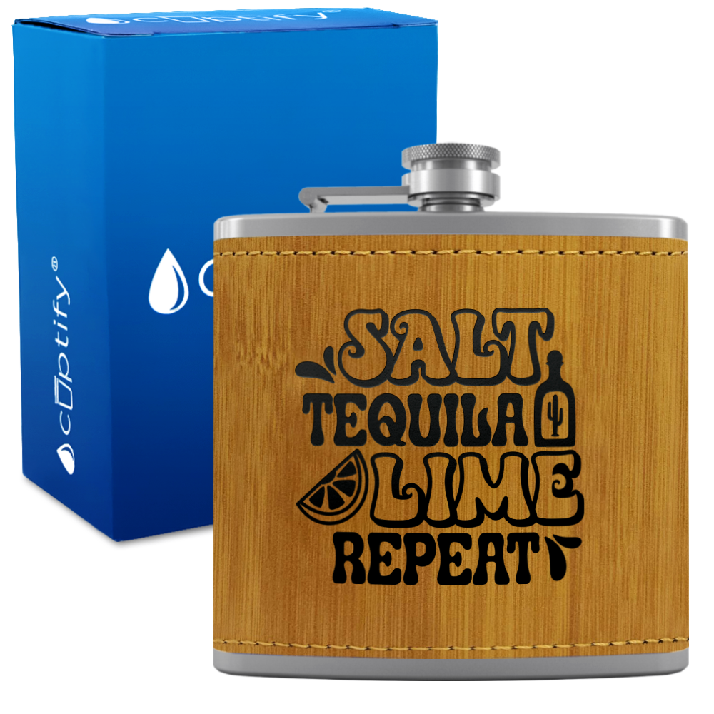 Salt Tequila Lime Repeat 6 oz Stainless Steel Leather Hip Flask