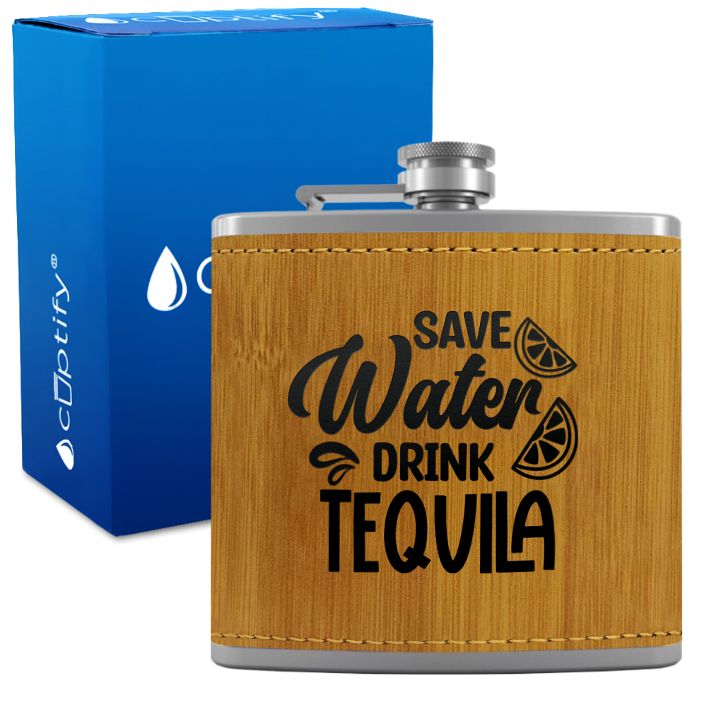 Save Water Drink Tequila 6 oz Stainless Steel Leather Hip Flask