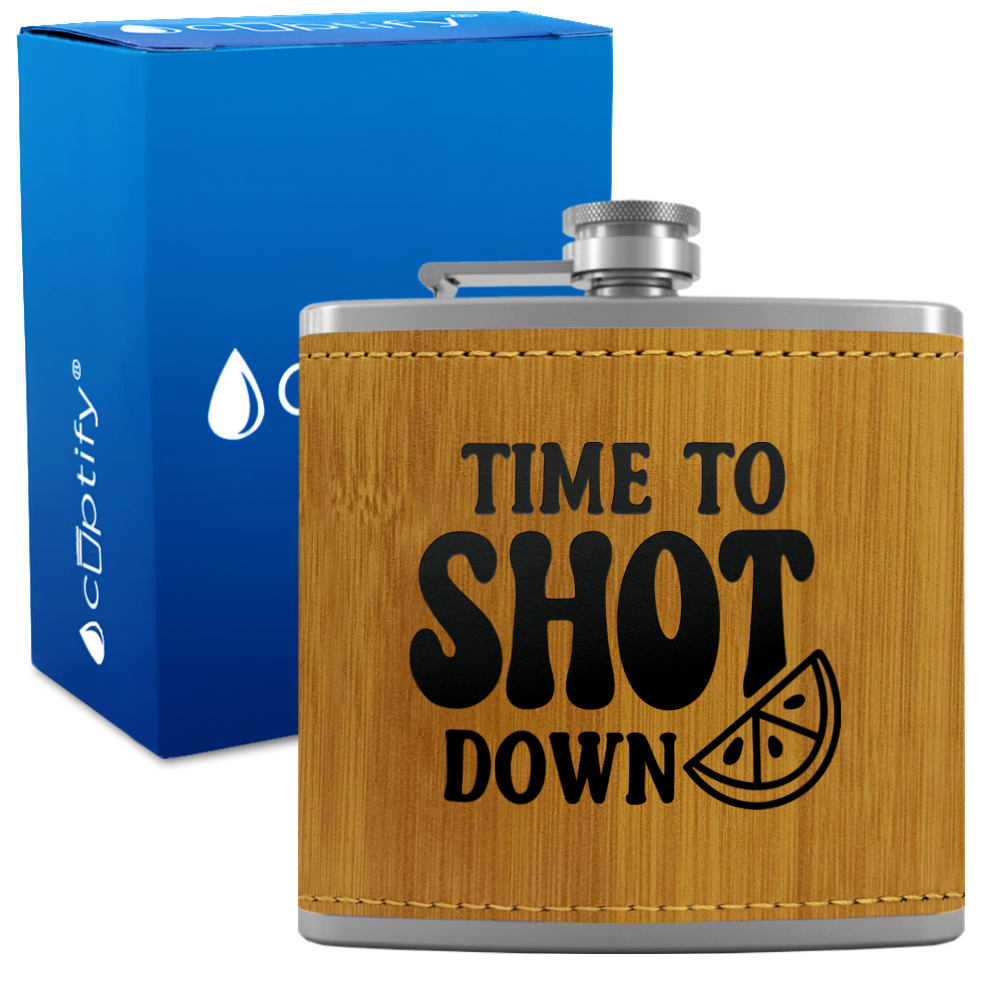 Time To Shot Down 6 oz Stainless Steel Leather Hip Flask