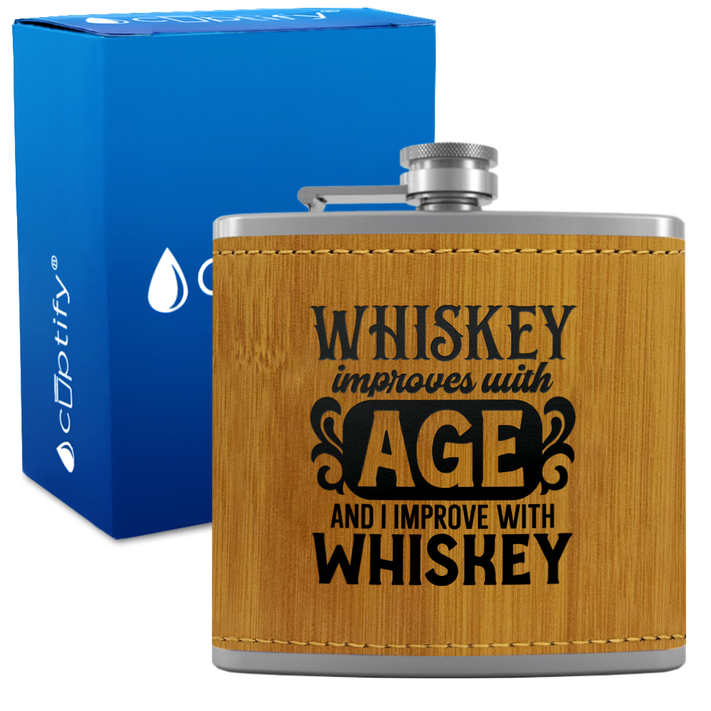 Whiskey Improves With Age 6 oz Stainless Steel Leather Hip Flask