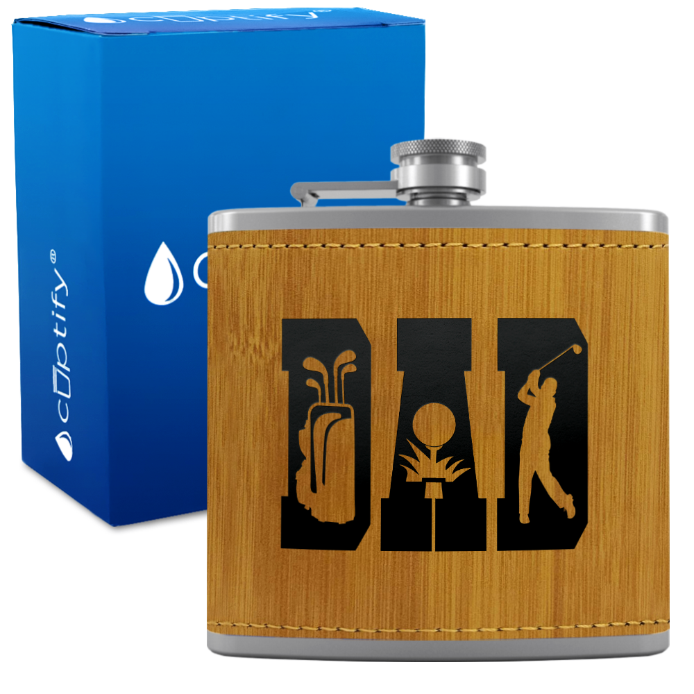 Golf Dad Silhouette 6oz Stainless Steel Leather Hip Flask