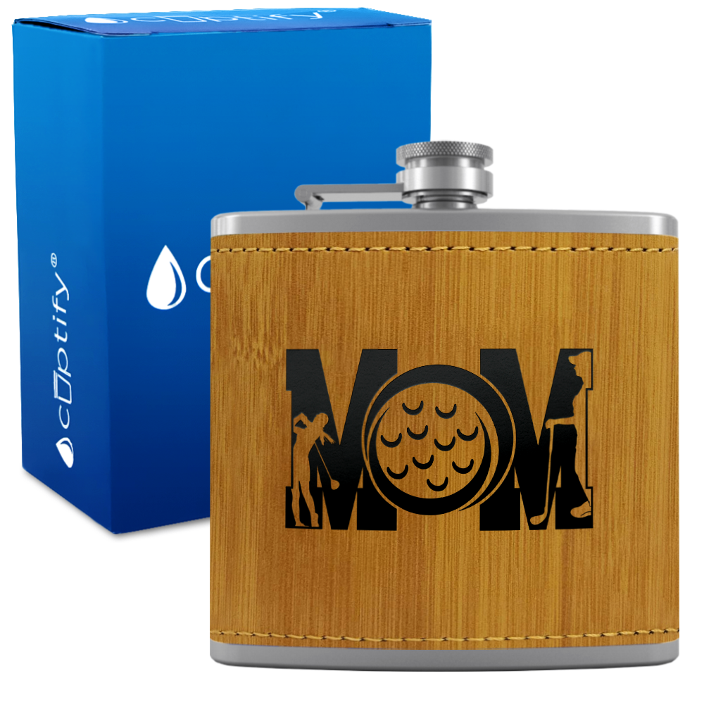 Golf Mom Silhouette 6oz Stainless Steel Leather Hip Flask