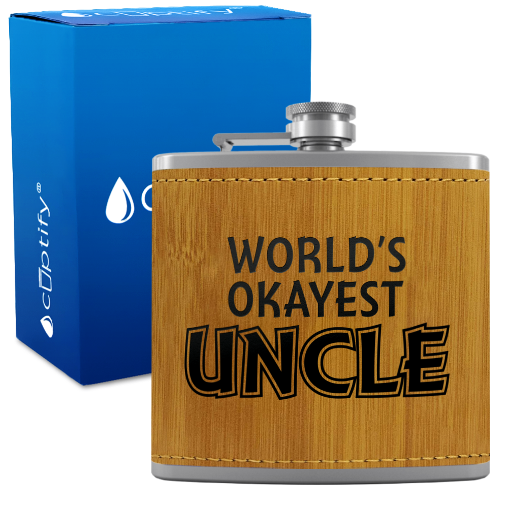World's Okayest Uncle 6oz Stainless Steel Leather Hip Flask