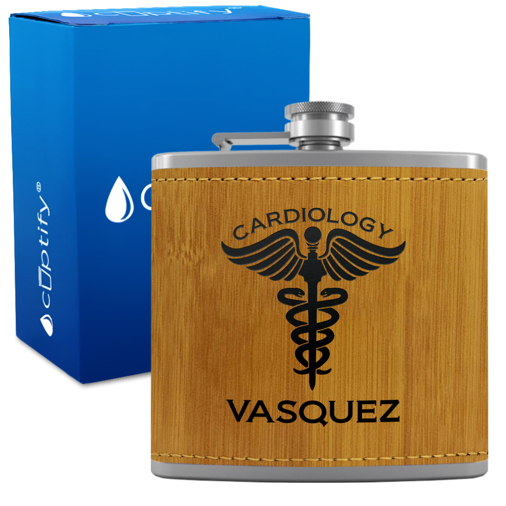 Personalized Cardiology 6oz Stainless Steel Leather Hip Flask