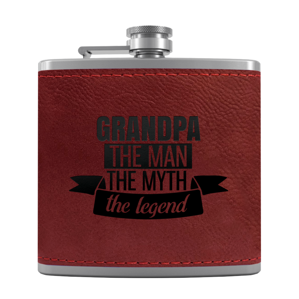 Grandpa The Man 6 oz Stainless Steel Leather Hip Flask