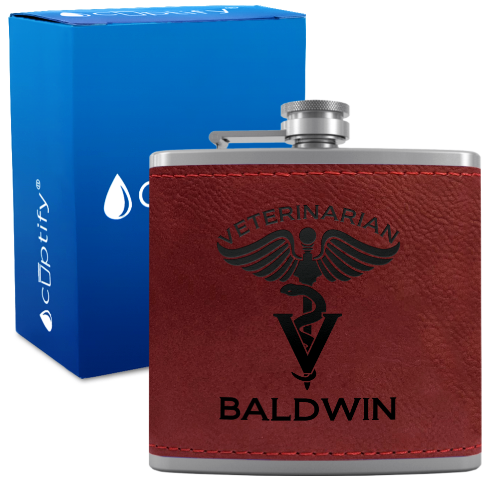 Personalized Veterinarian 6oz Stainless Steel Leather Hip Flask