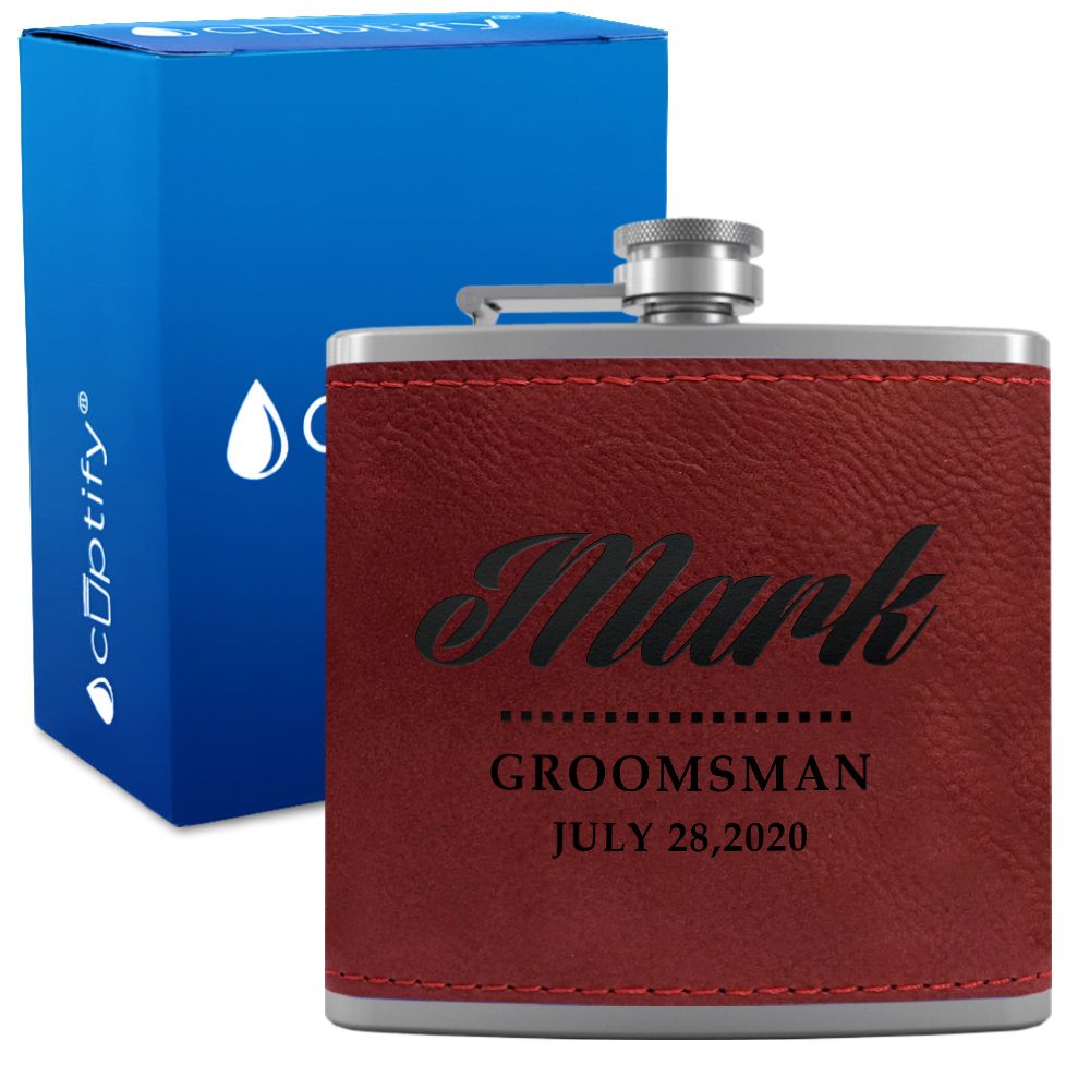 Personalized Groomsman 6 oz Stainless Steel Leather Hip Flask