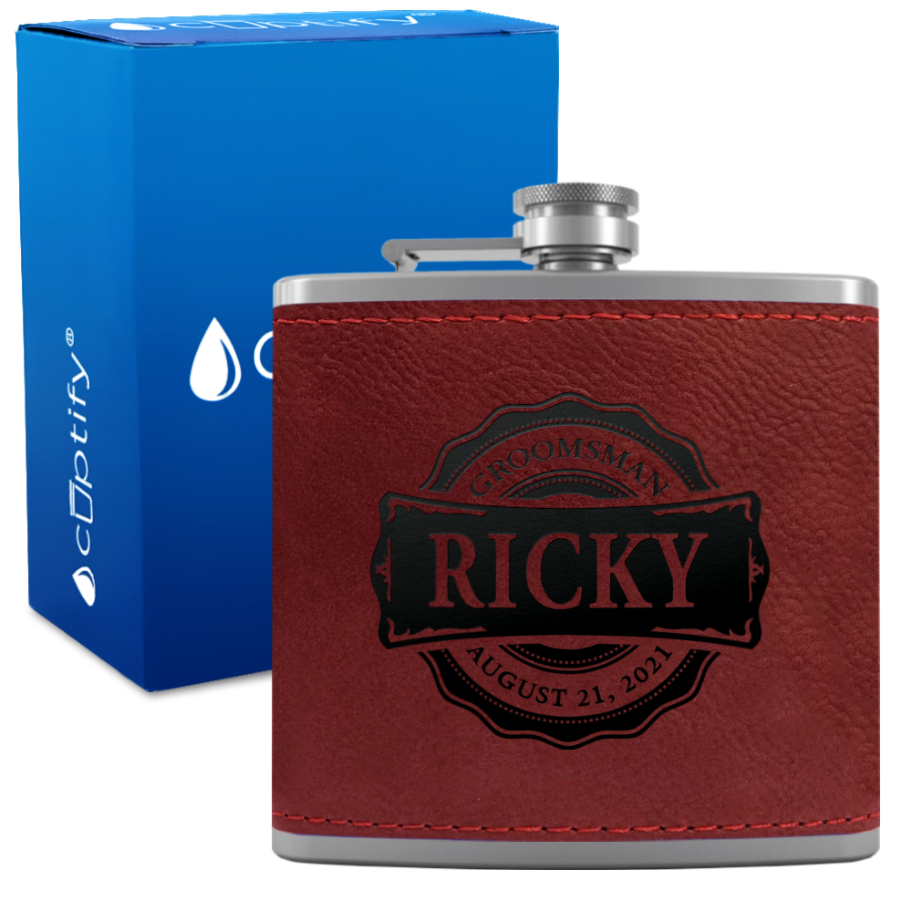 Personalized Groomsman Circle 6 oz Stainless Steel Leather Hip Flask