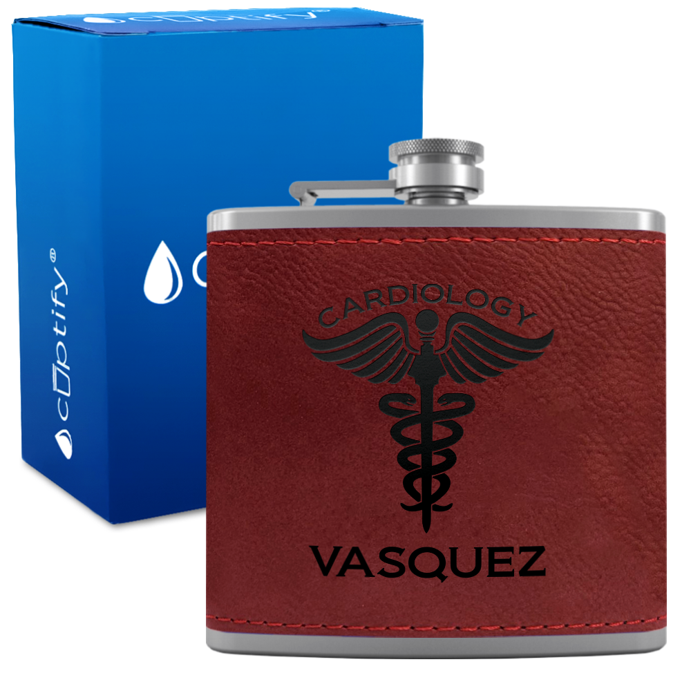 Personalized Cardiology 6oz Stainless Steel Leather Hip Flask