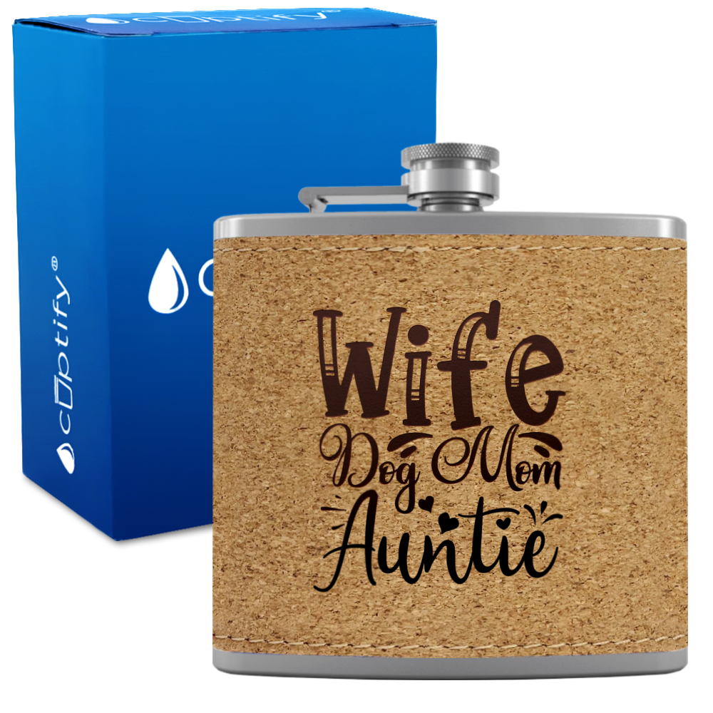 Wife Dog Mom Auntie 6 oz Stainless Steel Leather Hip Flask