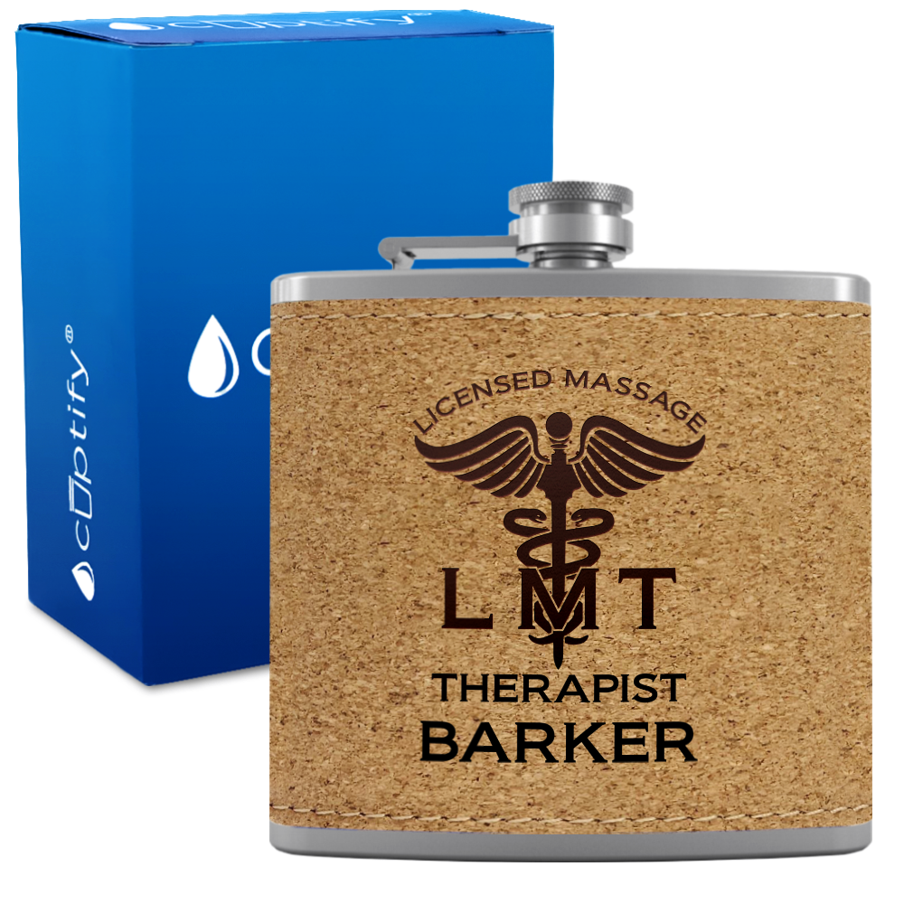 Personalized LMT Licensed Massage Therapist 6oz Stainless Steel Leather Hip Flask