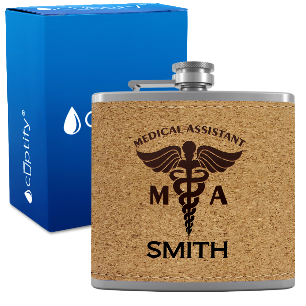 Personalized MA Medical Assistant 6oz Stainless Steel Leather Hip Flask