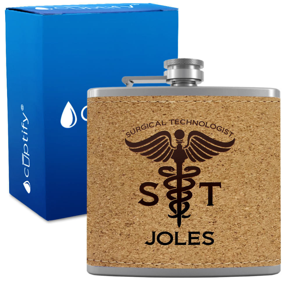 Personalized ST Surgical Technologist 6oz Stainless Steel Leather Hip Flask