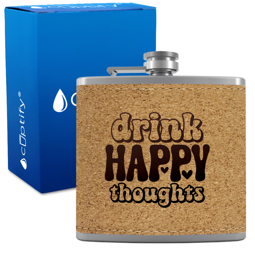 Drink Happy Thoughts Hearts 6 oz Stainless Steel Leather Hip Flask