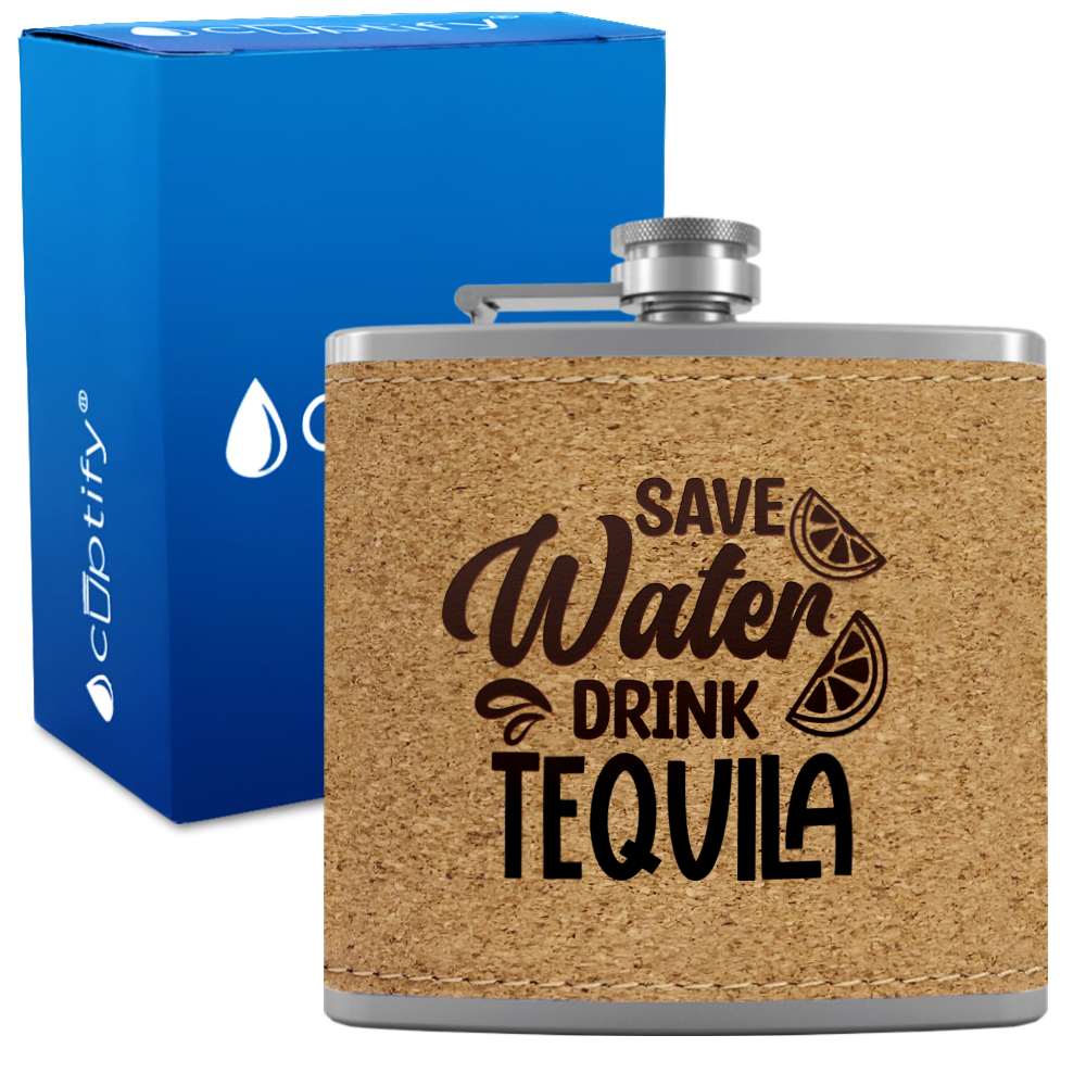 Save Water Drink Tequila 6 oz Stainless Steel Leather Hip Flask