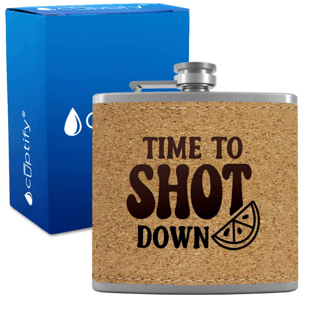 Time To Shot Down 6 oz Stainless Steel Leather Hip Flask