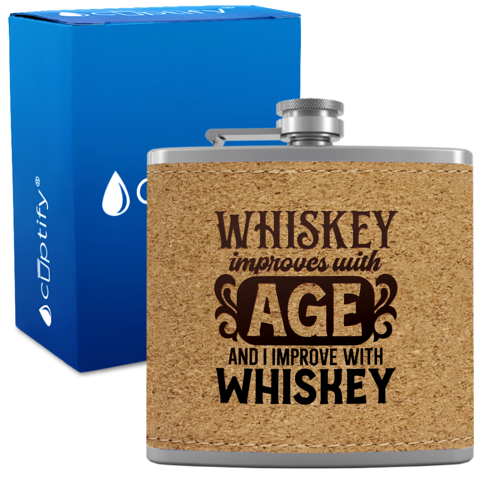 Whiskey Improves With Age 6 oz Stainless Steel Leather Hip Flask