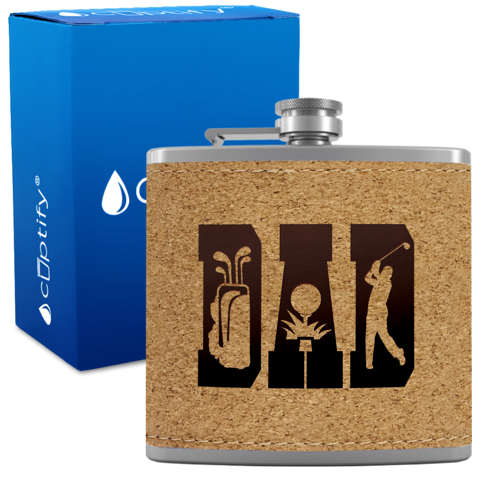 Golf Dad Silhouette 6oz Stainless Steel Leather Hip Flask
