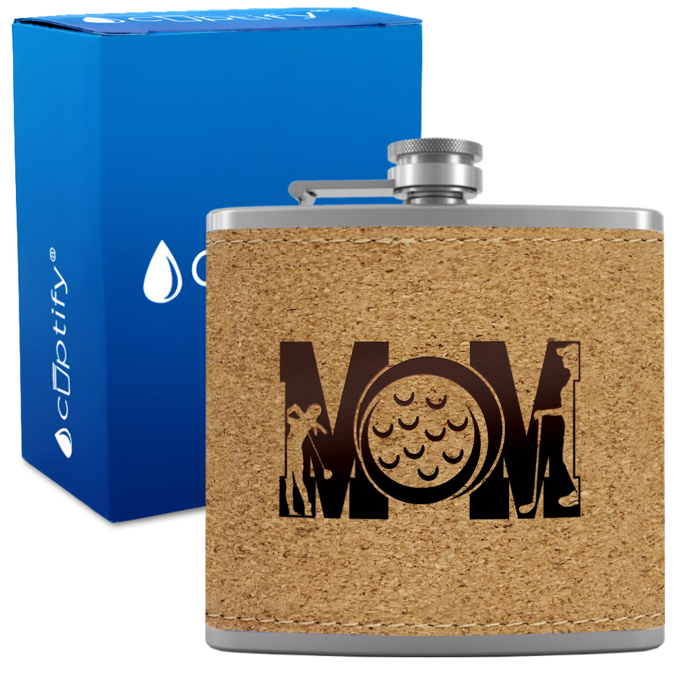 Golf Mom Silhouette 6oz Stainless Steel Leather Hip Flask
