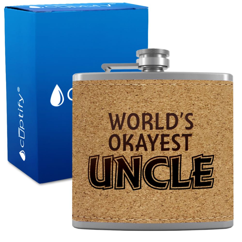 World's Okayest Uncle 6oz Stainless Steel Leather Hip Flask