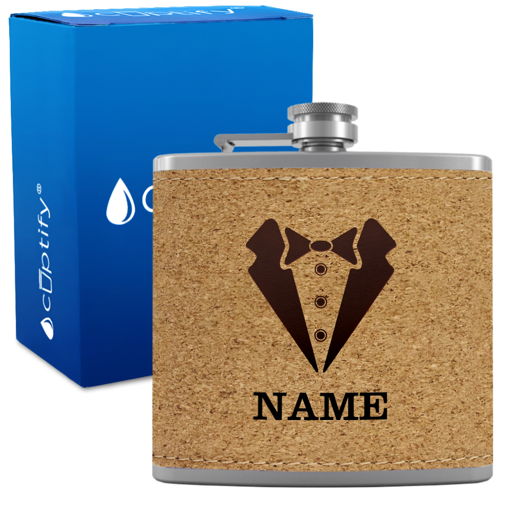 Personalized Suit Bow Tie Groomsmen 6 oz Stainless Steel Leather Hip Flask