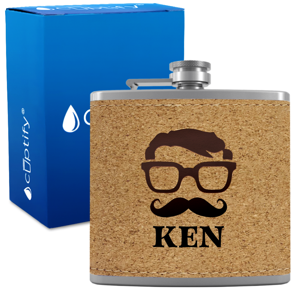 Personalized Glasses Mustache Groomsmen 6 oz Stainless Steel Leather Hip Flask