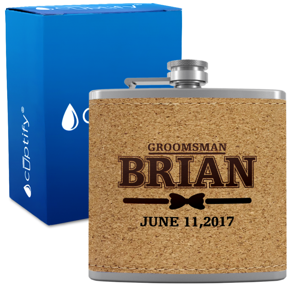 Personalized Dated Bow Tie Groosmen 6 oz Stainless Steel Leather Hip Flask