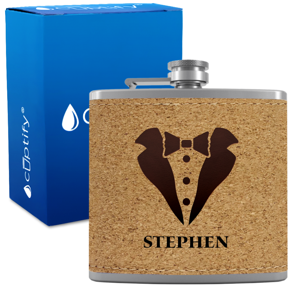 Personalized Tux Groomsmen 6 oz Stainless Steel Leather Hip Flask