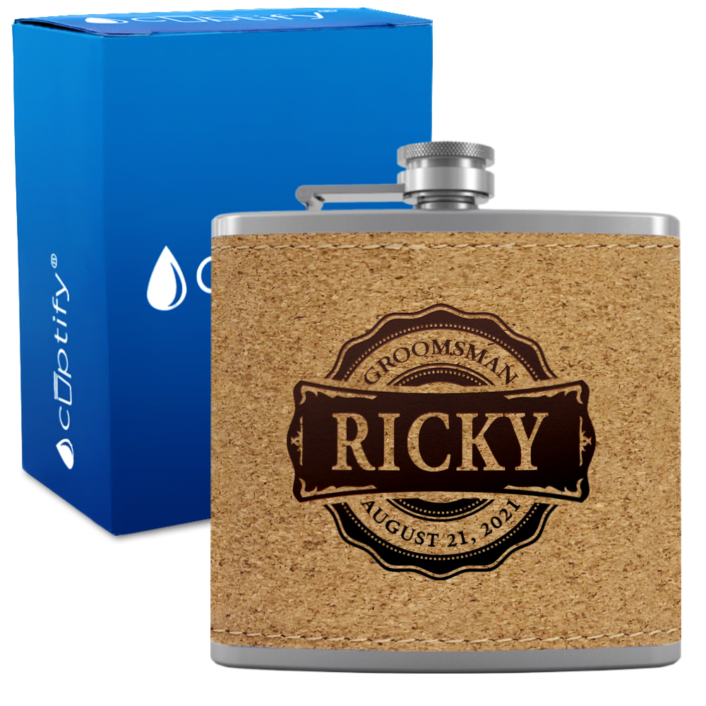 Personalized Groomsman Circle 6 oz Stainless Steel Leather Hip Flask