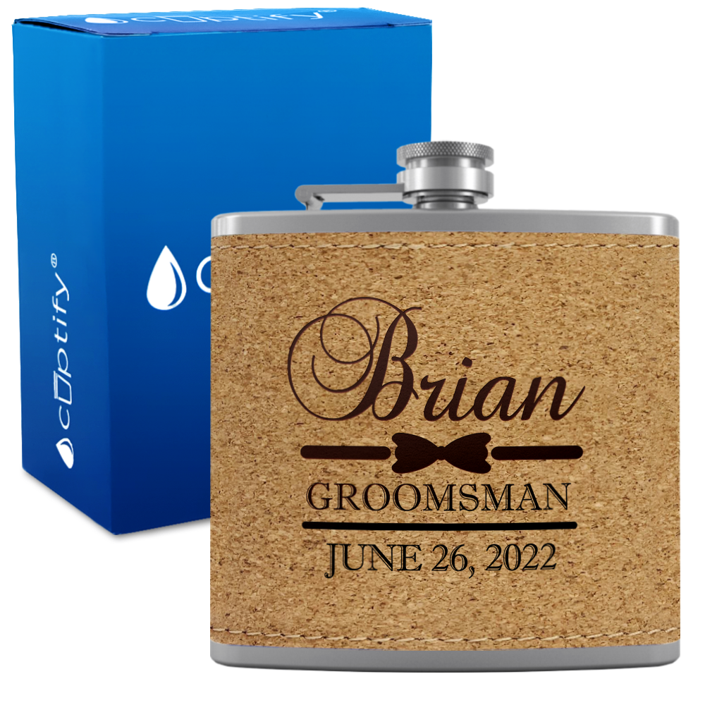 Personalized Groomsman Classy Bow Tie 6 oz Stainless Steel Leather Hip Flask