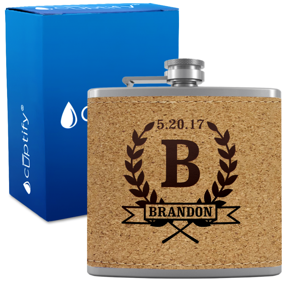 Personalized Groomsman Laurels 6 oz Stainless Steel Leather Hip Flask