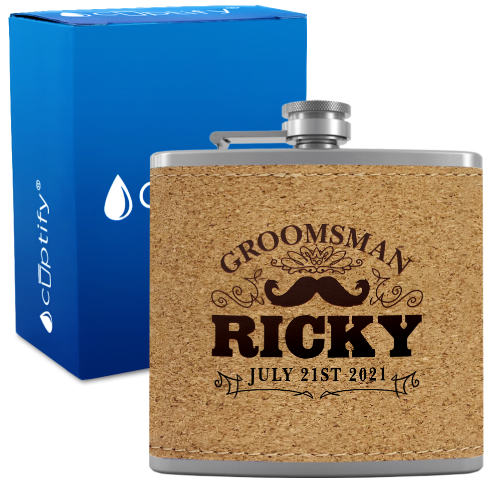 Personalized Groomsman Mustache 6 oz Stainless Steel Leather Hip Flask