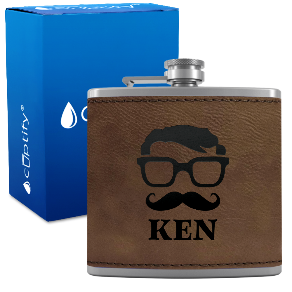 Personalized Glasses Mustache Groomsmen 6 oz Stainless Steel Leather Hip Flask