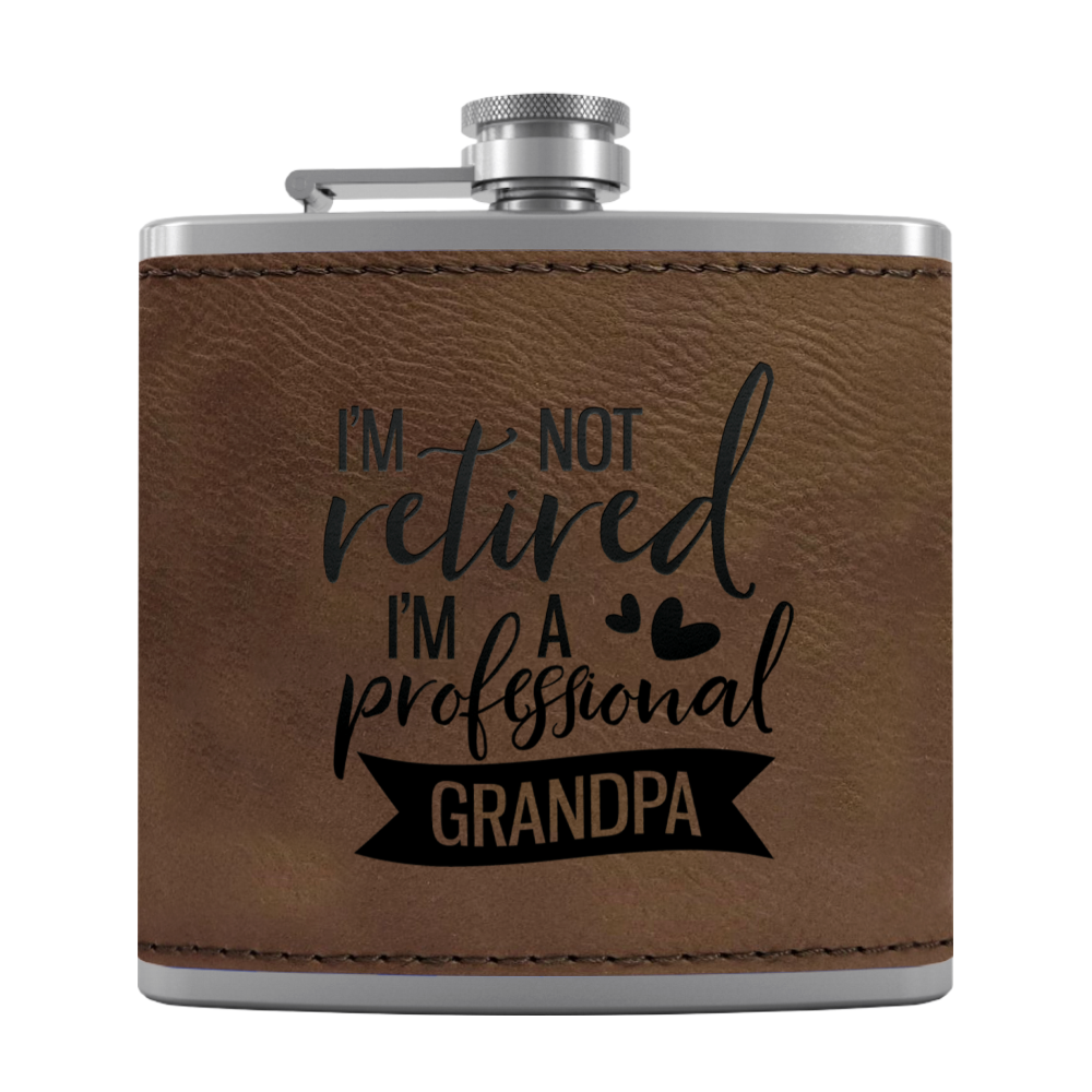 Professional Grandpa 6 oz Stainless Steel Leather Hip Flask