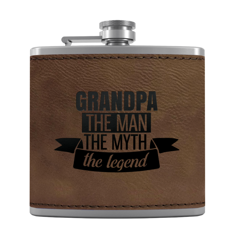 Grandpa The Man 6 oz Stainless Steel Leather Hip Flask