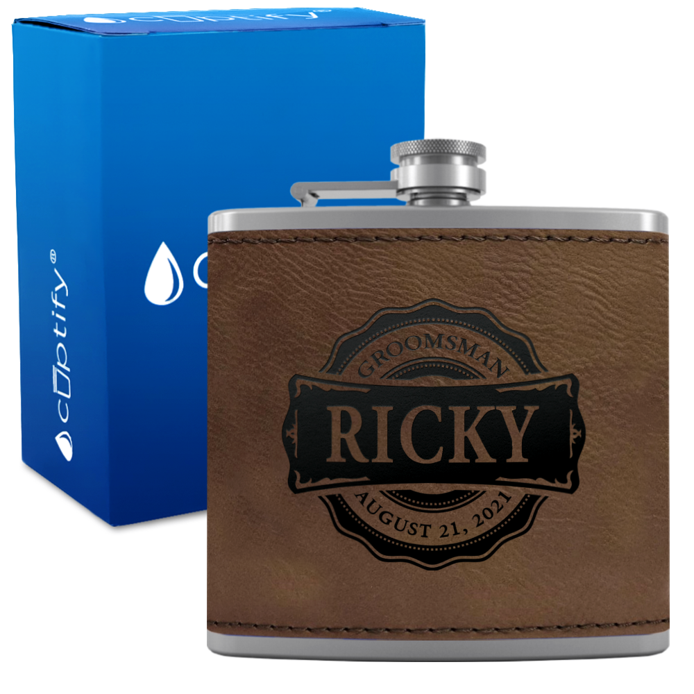 Personalized Groomsman Circle 6 oz Stainless Steel Leather Hip Flask
