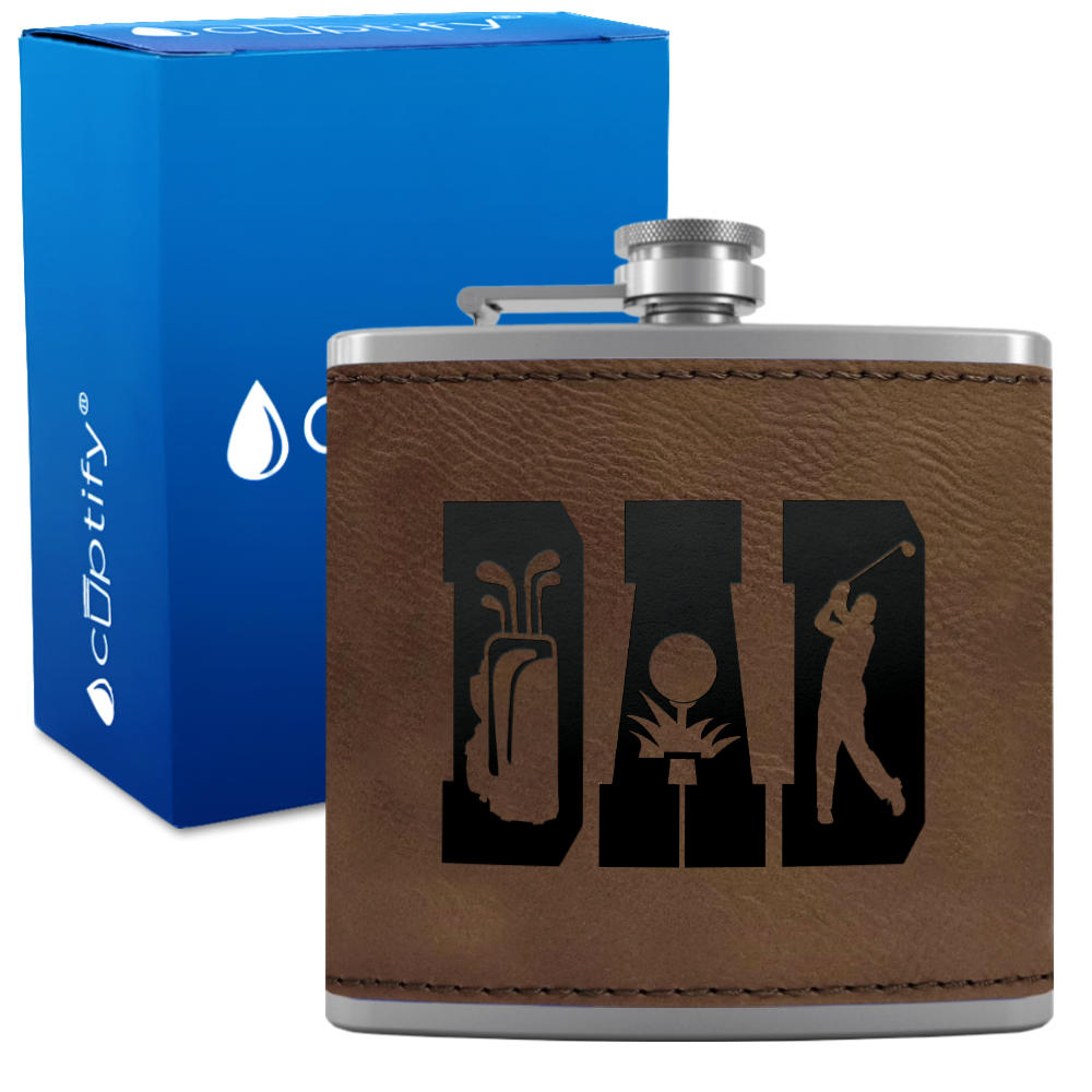 Golf Dad Silhouette 6oz Stainless Steel Leather Hip Flask